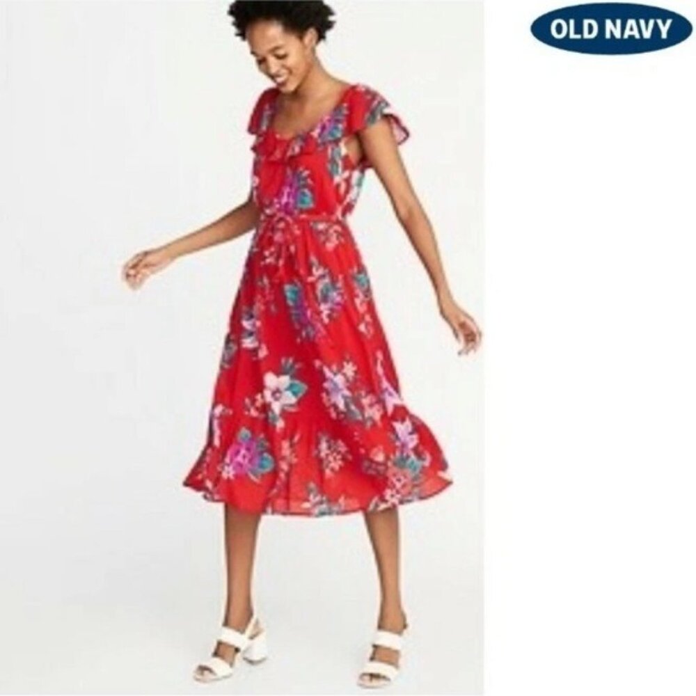 Old Navy Ruffled Red Floral Slub-Weave Tie - Belt Midi Dress for Women Sz. Large